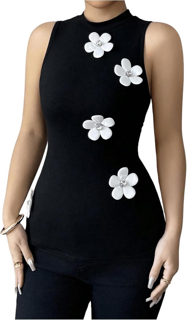 SOLY HUX Women's 3D Floral Tank Top Mock Neck Sleeveless Slim Fit Summer Tops (Black, L)