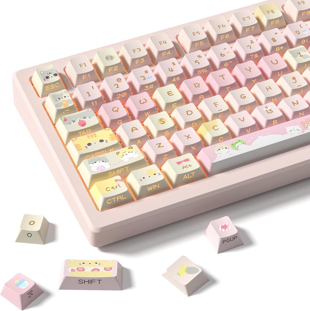 dagaladoo Shine Through keycaps,Double Shot PBT keycaps 60 75 Percent,Pink Cute Keycap,Side Printed,dye Sublimation keycap,Cherry Profile Custom Keyboard caps for Machine Keyboard(Cat)