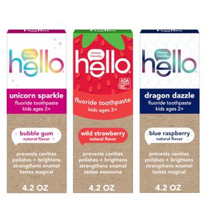 Hello Kids Fluoride Toothpaste Variety Pack, Includes a Strawberry, Unicorn Bubble Gum, and Blue Raspberry Toothpaste, Safe for Ages 2 and Up, 3 Pack, 4.2 Oz Each