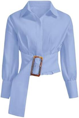 OYOANGLE Women's Button Down Pleated Shirts Stand Collar Long Sleeve Cropped Tops Dressy Casual Blouses S