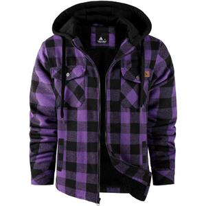 Men's Thick Fleece Plaid Jacket Flannel Shirts Sherpa Lined Full Zip Up Hoodie Winter Coat with Pockets (Large, Dark Purple)
