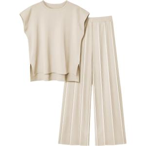 LILLUSORY 2 Piece Sets for Women Summer Vacation 2025 Lounge Outfits Matching Two Pcs Spring Knit Tracksuits Sweat Suits (Small, Beige)