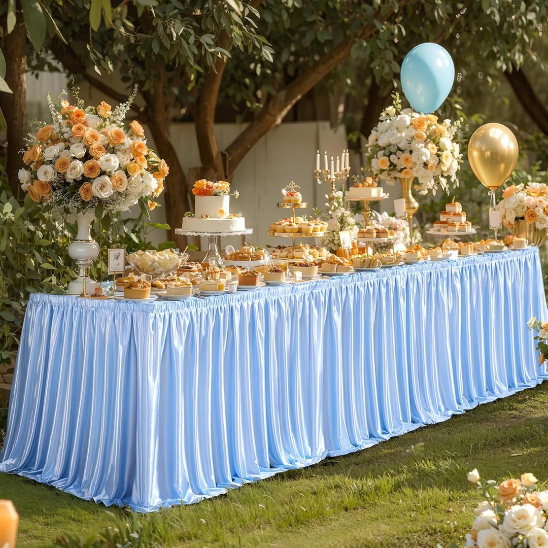 14ft Length Glitter Blue Table Skirt Rectangle Tables, Wrinkle Free Pleated Ruffle Table Cloth Skirting for Baby Shower Birthday Party Ocean Baby Shark Gender Reveal Cake Table Decorations (168" x 30" (14FT))