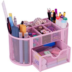 EasyPAG Mesh Pen Holder Desk Organizer with Drawer Stationery Supplies Organizer for Dorm School 9 Compartments Workspace Desk Accessories Organization for Office, Light Pink