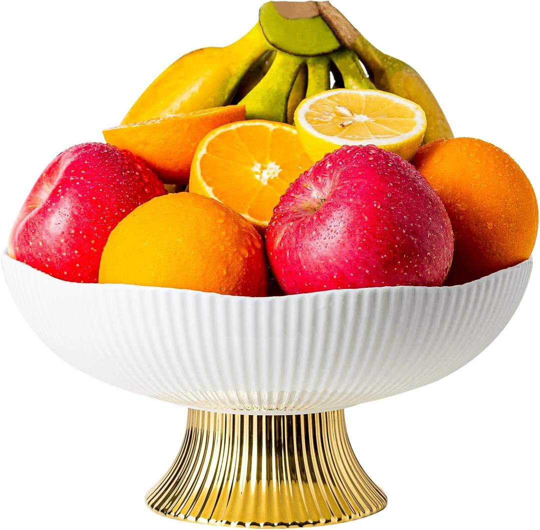 Ceramic Fruit Bowl,10 Pedestal Bowl, Decorated Fruit Tray for Kitchen Counter and Dining Table, Footed Bowls for Afternoon Tea Parties, Bread and Salad Bowl with Golden Feet