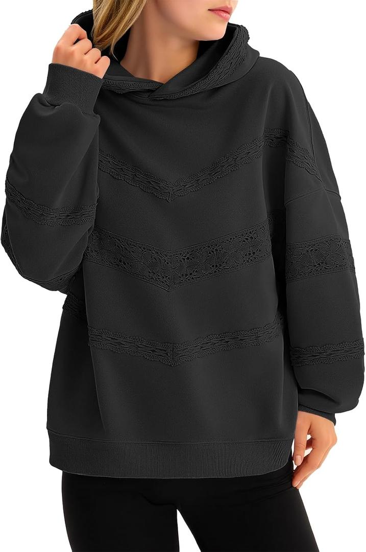 Fisoew Womens Oversized Hoodies Fall Long Sleeve Sweatshirts Casual Loose Lace Y2K Cute Pullover Tops (Black, S)