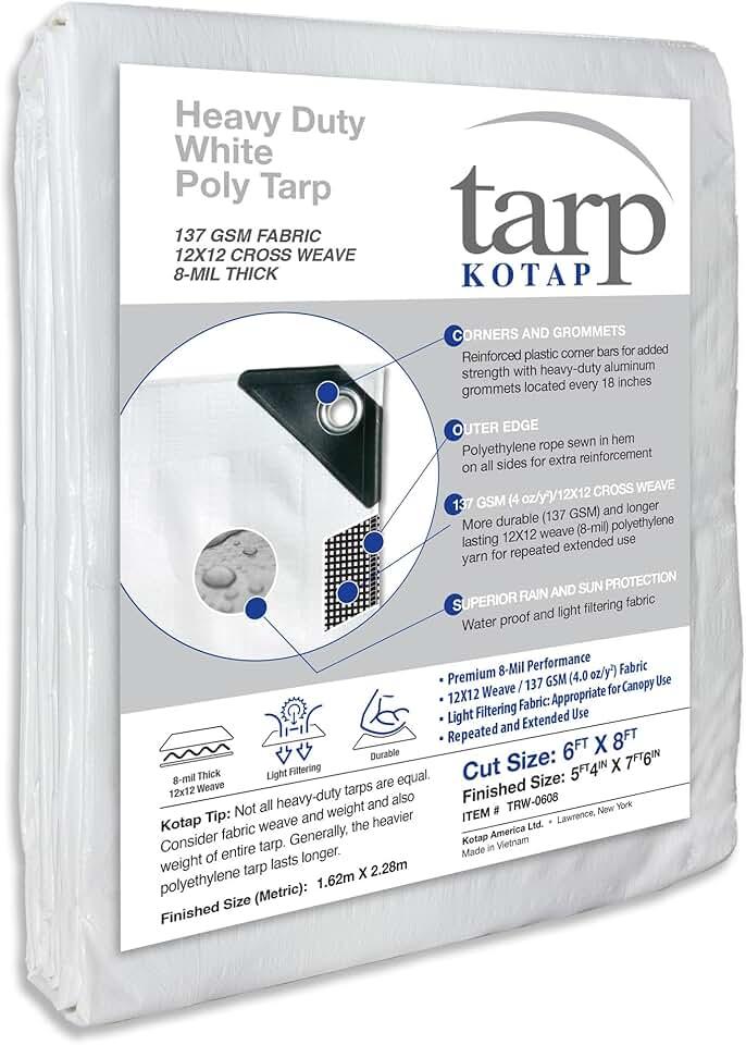 Kotap 6 x 8 Ft. Heavy-Duty Protection/Coverage Tarp, Superior Weave for Greater Longevity 8-mil, Multi-Use, Waterproof, White, 1-Pack (TRW-0608)