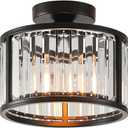 Black Flush Mount Ceiling Light, 2- Light Caged Crystal Chandelier, Small Drum Hallway Light fixtures Ceiling Mount (8.6 INCH Black)
