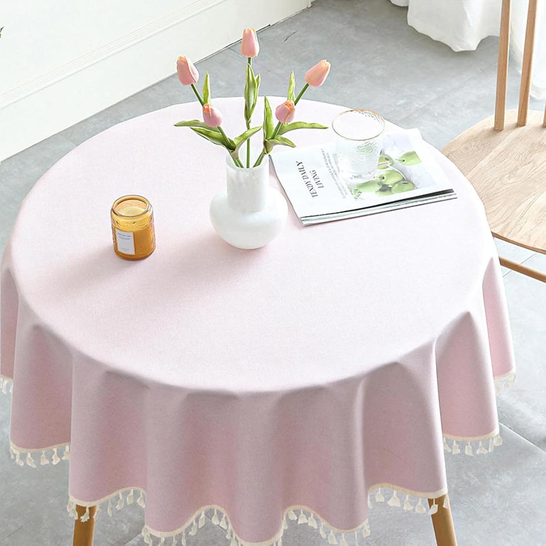 Qubjus Round Textured Tablecloth Waterproof Cotton Linen Tassel Wrinkle Free Washable Decorative Fabric Table Cover for Kitchen Dining Table, Round-63, Pink
