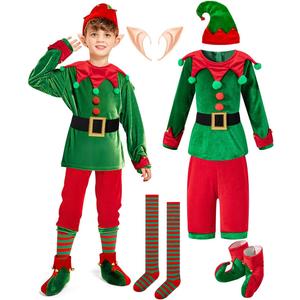 IWALUE Kids Boys Christmas Elf Costume Pants Set Santa's Helper Xmas Outfit with Hat Ears Belt Socks Shoes (9-10 Years, Green)