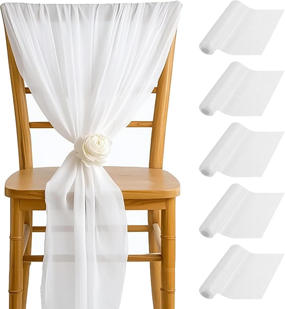 5PCS RAINFLOW White Chair Sashes - Wedding Aisle Decorations Long 19.6IN x 7.8FT Tulle Venue Decoration for Banquet Chair Back Side Bridal Baby Shower Birthday Party