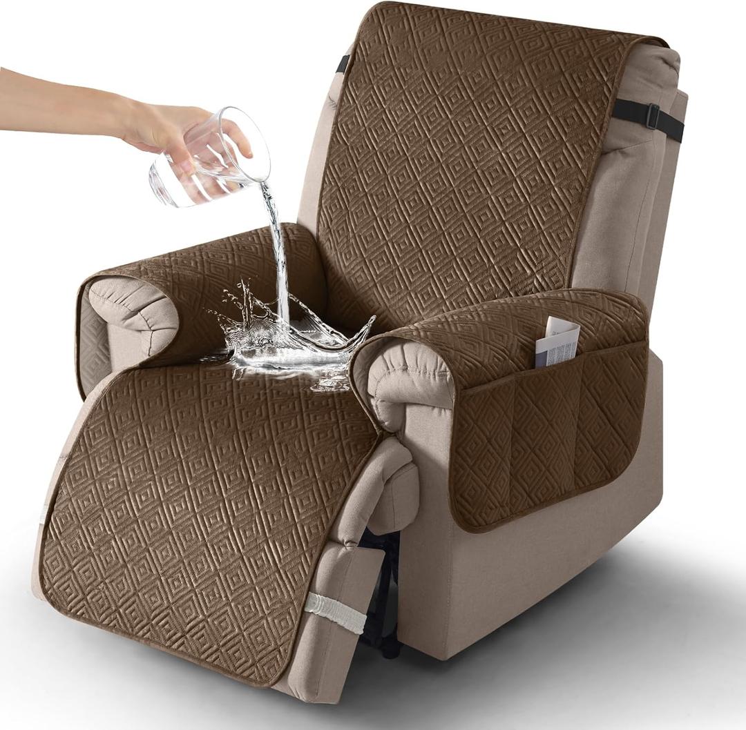 Timeles Velvet Recliner Chair Cover, 100% Waterproof Recliner Covers That Stay in Place with Pocket for Pets & Dogs (Medium: 23",Coffee)
