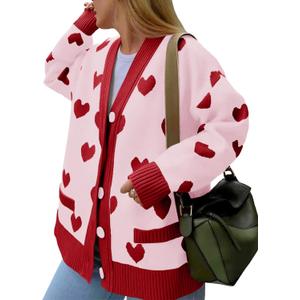 Saodimallsu Womens Oversized Heart Cardigan Color Block V Neck Button Long Sleeve Chunky Valentines Sweaters (Pink)