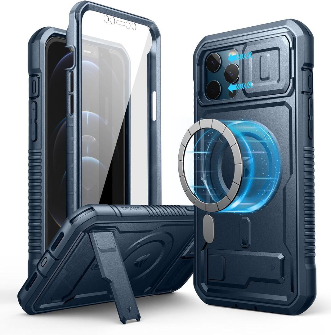 Dexnor for iPhone 12 Pro Max Case with Camera Cover [Compatible with MagSafe] [Built-in Screen Protector] Heavy-Duty Shockproof Full-Body Rugged Protective Magnetic Cover with Kickstand, Blue