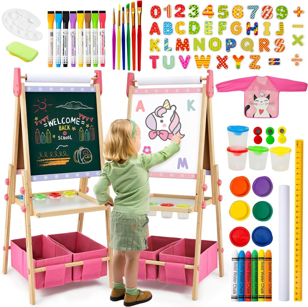 Kids Easel Including 100+ Accessories, Dual-Sided Wooden Easel for Kids Girls Age 3-12 with Magnetic Chalk & Painting Board, Free Height Adjustable Art Easel Supplies for Toddlers (Pink), 7"D x 22"W x 50"H