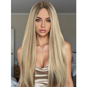 WIGRE Long Straight Wig 26 Inches Middle Part Mix Blonde Wigs for Women Daily Use Ombre Brown Highlight Honey Blonde Wig Synthetic Heat Resistant Hair for Valentine's Day/Music Festival/Carnival