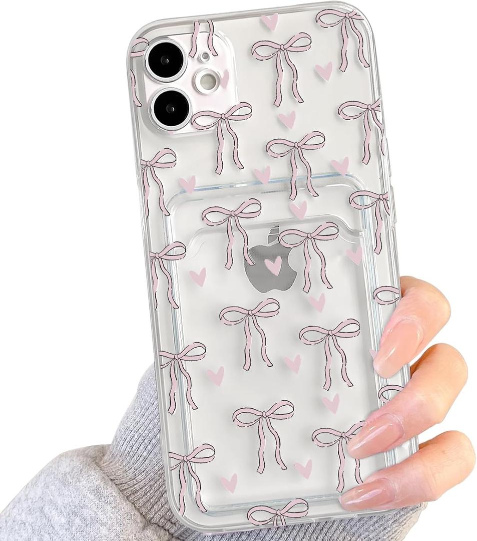 NITITOP Compatible with iPhone 11 Case Clear with Card Holder Cute Bowknot Pattern Bow Ribbon Little Love Hearts for Women Girls Soft TPU Wallet Case Protective Cover - Light Pink