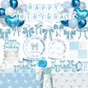 Party Inspo Blue Bow Birthday Party Supplies, Coquette Birthday Decorations with Bow Plates, Napkins, Banner, Cups for Girls Women Blue Theme Party Decorations