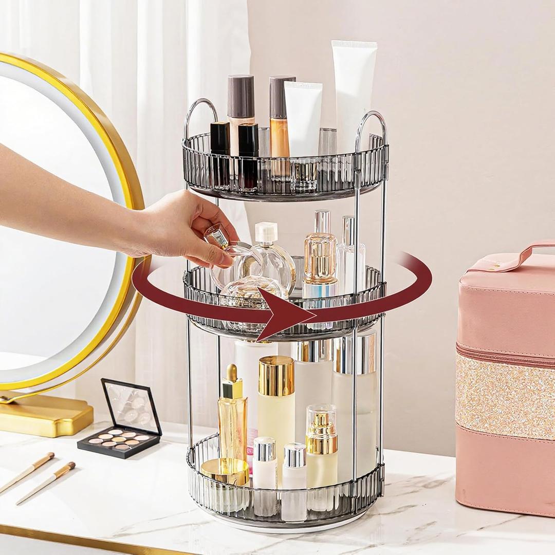 INVSSENE 360° Rotating Makeup Organizer, Bathroom Make Up Spinning Holder Rack, Large Capacity Cosmetics Storage Vanity Shelf Countertop, Fits Cosmetics, Perfume, Skincare, Lipsticks(3 Tiers, Gray)