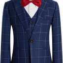 Boys Suit Ring Bearer Outfit 4 Pieces Kids Formal Wedding Suits Set Plaid Striped Blazer Vest Pants Blue (170/14yrs)