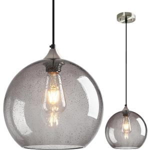 Light Grey Glass Pendant Lights Kitchen Island Globe Pendant Light Fixtures Modern Pendant Lighting for Bedroom Living Dining Room Light Fixture (9.84 in, 1 Pack)