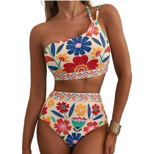 Women's High Waisted Bikini Set Floral One Shoulder Boho Swimwear Bathing Suit Swimsuit, Small