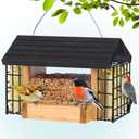 Gbekery Hopper Bird Feeder for Outdoors Hanging, Wooden Bird Feeder with Double Suet Cage and Large Seed Capacity, Cedar Wood Suet Feeder with Weatherproof Roof, Garden Decoration