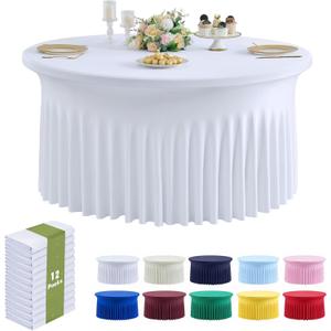 Outpain 12 Pack White Round Spandex Tablecloths for 60in Tables, 120Inch Stretchy Fitted 5FT Round Table Clothes,Wrinkle Free Table Cover with Skirt for Wedding Party Dining Banquet Baby Shower