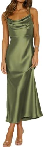 Summer Satin Spaghetti Strap Cowl Neck Backless Midi Dresses for Women Elegant Tie Low Back Ruched Cocktail Dress, Medium