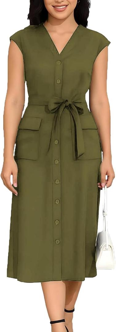 DeftSharp Women's V Neck Workday Dresses Button Down Swing Midi Shirt Dress with Pockets (Green)