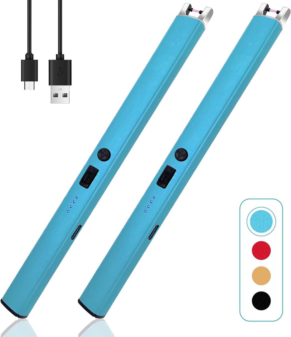 2 PCS Candle Lighter,Windproof Flameless Electric Lighter with LED Power Display  Safety Switch, Upgraded Plasma USB Rechargeable Lighters for Birthday Camping BBQ (Blue)