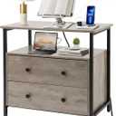 Edbuosy 27 inch Wide Night Stand with Charging Station, Bedside Table with Open Shelf, 2 Drawers Small Wood Dresser, Modern Wood Nightstand for Bedroom/Living Room (Rustic Gray)