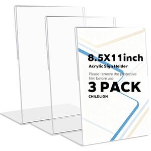CHILDLION 3 Pack Acrylic Sign Holder 8.5x11 Inches, L-Shape Acrylic Stands for Flyers, Clear Display Holder, Documents, Office, Restaurants, Vertical Sign Holder (3 Pack 8.5*11)