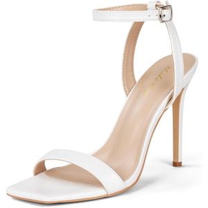 Elisabet Tang Women's Stiletto Heels Ankle Strap Open Square Toe Heeled Sandals Sexy Comfort Strappy Dress High Heel Shoes Lace Up Wedding Party Sandals Shoes (7, White)