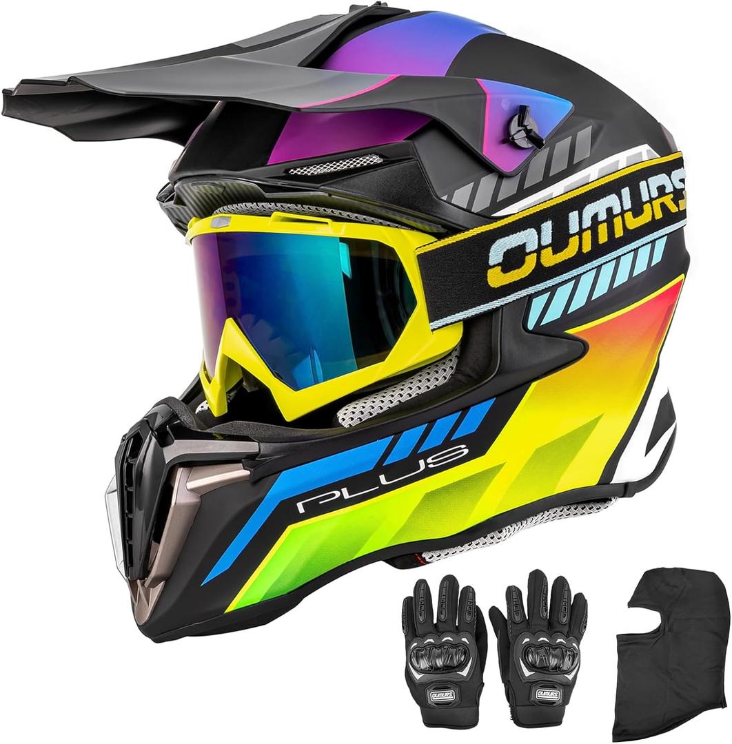 OUMURS Adult ATV Dirt Bike Helmet with Goggles Gloves & Mask Quick Release Buckle Adjustable Sun Visor Motorcycle Adult Helmet Off-Road Motocross Downhill Moped MX for Unisex-Adult (Large, Mutiple Black)