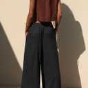 Women's High Waist Wide Leg Linen Blend Ankle Pants, Relaxed Cropped Trousers with Side Pockets, Fit for Casual Wear (Black, M)