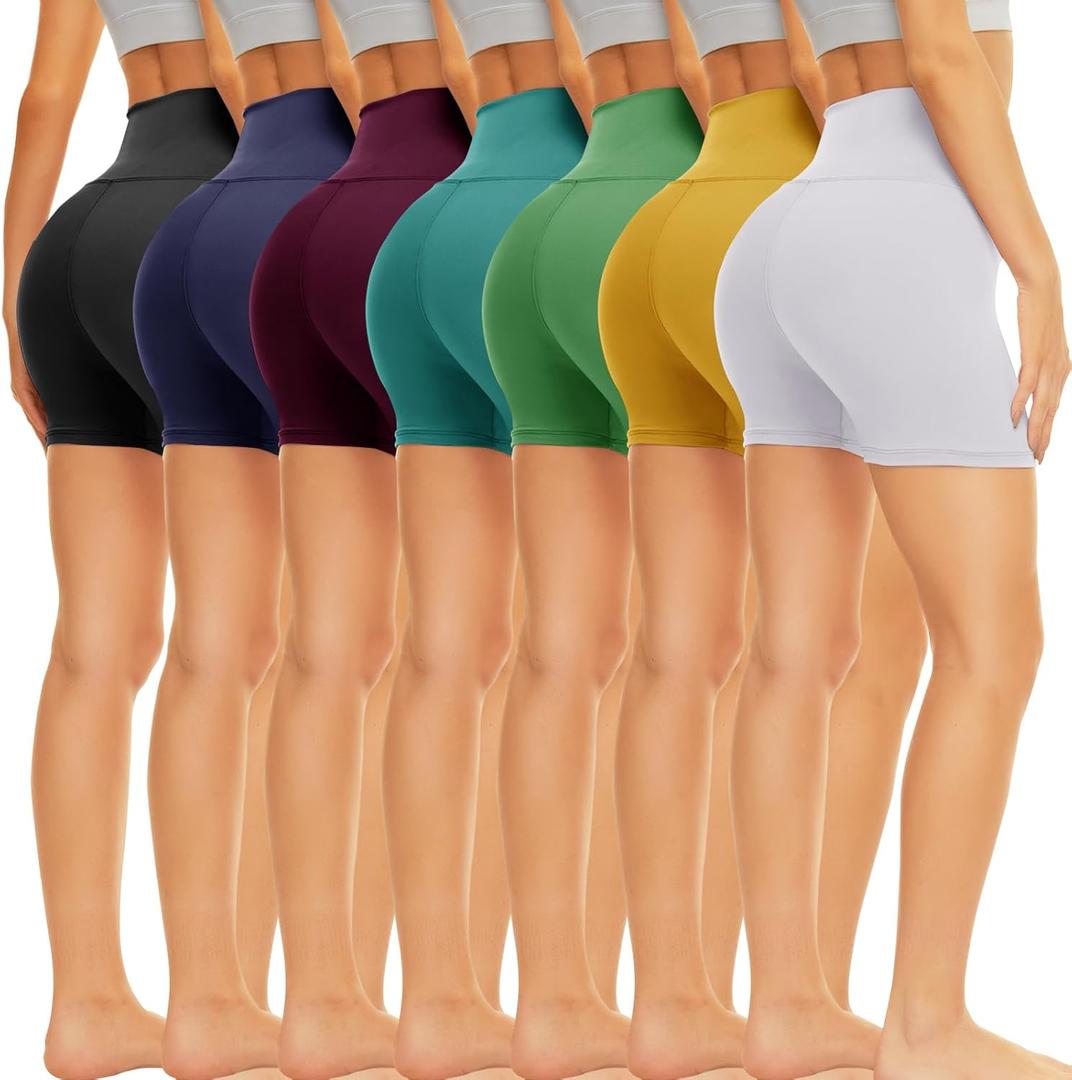 TNNZEET 7 Pack Biker Shorts for Women - 5'' High Waisted Workout Tummy Control Spandex Gym Shorts for Yoga Athletic Large/XL