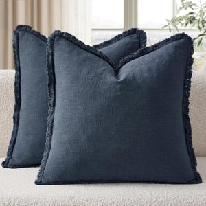 EMEMA Linen Fringe Throw Pillow Covers Set of 2 Boho Farmhouse Accent Decorative Pillowcase with Tassels for Couch Sofa Bed Living Room Home Decor 22x22 Inch, Indigo Blue