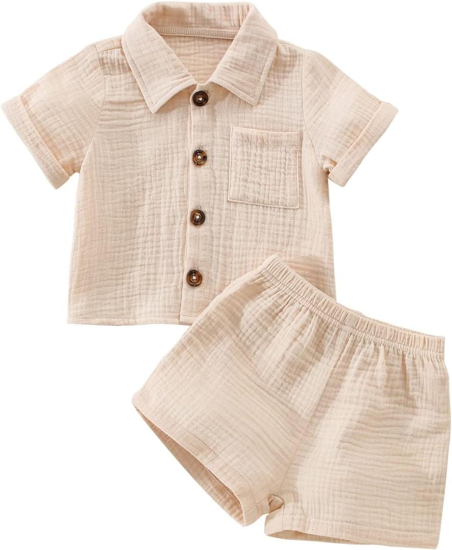 Baby Boys Clothes Set Toddler Infant Boys Button-down Shirt Tops + Cotton Gauze Shorts Summer Outfit 2PCS with Pockets (6-12 Months, Beige)