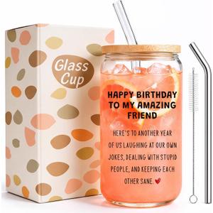 Happy Birthday Gifts for Women  16oz Glass Cup Set, Best Friend Birthday Gifts for Women, Bestie Coworker Friendship Gift, Funny Unique Birthday Gift