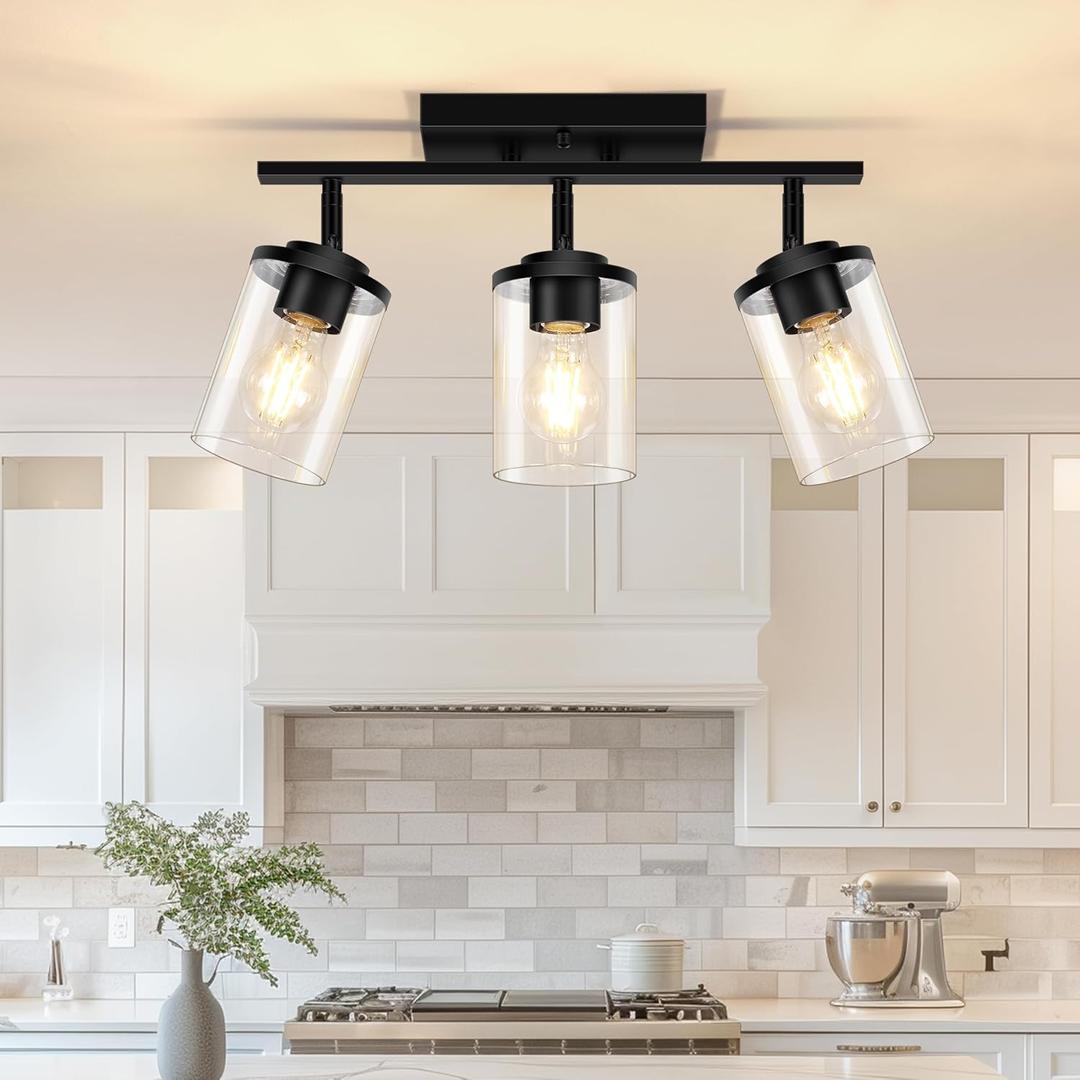 FadimiKoo 3-Lights Semi Flush Mount Ceiling Light, Adjustable Kitchen Light Fixtures Ceiling Mount with Clear Glass Shades, Rotatable Black Track Lighting Fixtures for Hallway, Foyer, Bedroom, Black 
