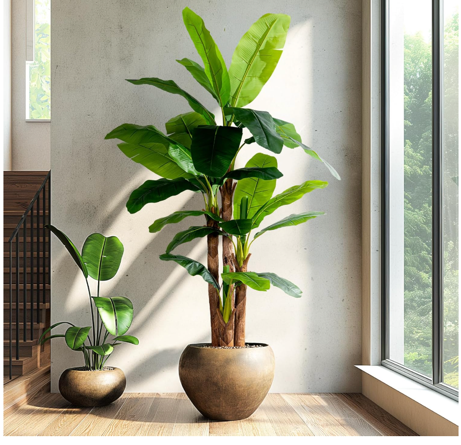 Erimda 8.2FT Artificial Banana Tree, Lifelike Fake Banana Leaf Tropical Silk Tree, Easy Assembly Faux Floor Plant with Sturdy Trunk, Maintenance Free for Indoor Home Patio Pool Outdoor Tropical Decor