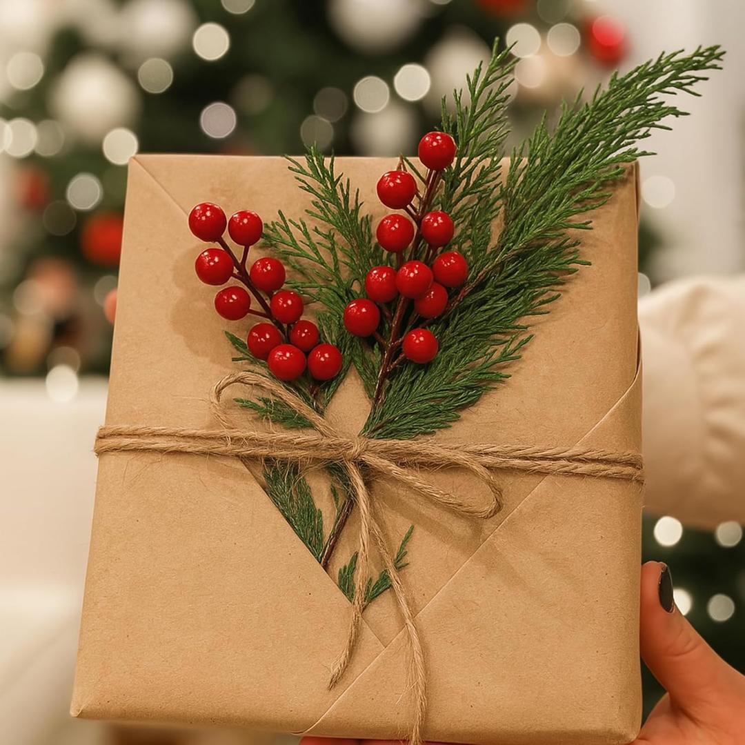 Norme 40 Pcs Christmas Floral Picks Christmas Greenery for DIY Gift Wrapping Plants Red Berry Pine Branches Artificial Picks and Sprays Stems Pine Sprigs for Crafts Wreath Garland Decor(Classic Style)