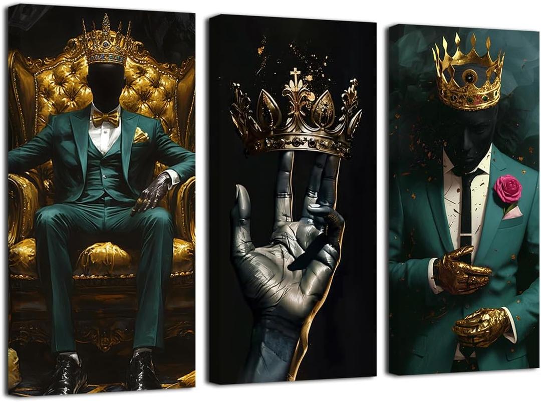 SWQYLB Black Man Canvas Wall Art 3 Pieces African American Pictures Afro King Poster Prints Gold Crown Painting for Men Bedroom Office Decor Framed (Teal, 24x12inchx3 Pieces)