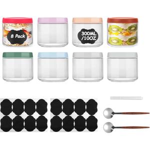 Lulonpon 8 Pack 10 oz Mason Jars with Lids - Airtight Glass Storage Containers for Overnight Oats, Snacks & Meal Prep | Includes 16 Labels, 2 Spoons + Marker (Multicolor)