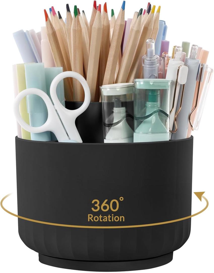 SKYDUE 360 Degree Rotating Pencil Pen Holder for Desk, Dual-Purpose Desk Organizer, Rotating Pencil Cup with 5 Slots, Office Supplies, Desk Decor for Office, School, Home (Black)