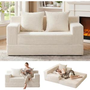 Erament Convertible Sofa Bed, Loveseat Folding Floor Futon Sleeper Sofa Couch Bed- Boneless Foldable Couch, Corduroy Pull Out Sofa Bed with 2 Pillows for Living Room & Bedroom, 54''