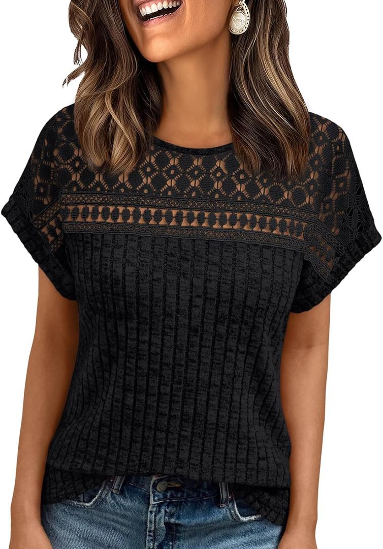 AUTOMET Womens Lace Short Sleeves Shirts Crochet Summer Tops Dressy Business Casual Blouses (Black, XXL)