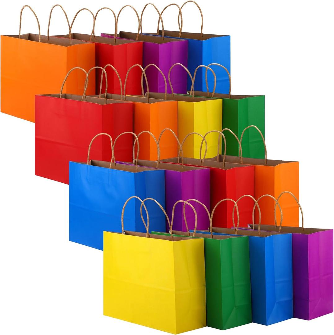 MIMIND 60 Pieces Large Kraft Gift Bags with Handles 12.6 x 9.8 x 4.3 Inch Colorful Paper Bags Large Goodie Bag for Grocery Birthday Holidays Party Favor DIY Craft (6 Rainbow Colors)