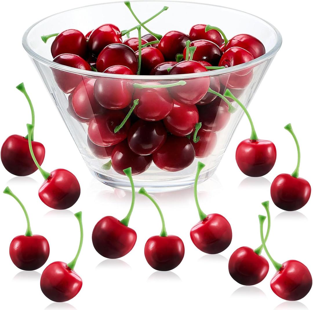 Skylety 50 Pieces Fake Cherries Artificial Cherry Fruit Decorations Simulation Cherry Party Decorations for Cake Decor Home Kitchen Cabinet Photography Prop Cognitive Party Favors (Dark Red)